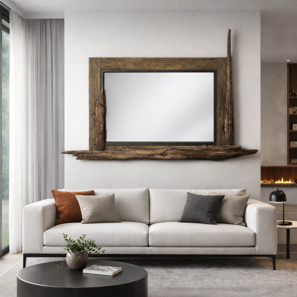 Miroir mural sculptural en bois flotté