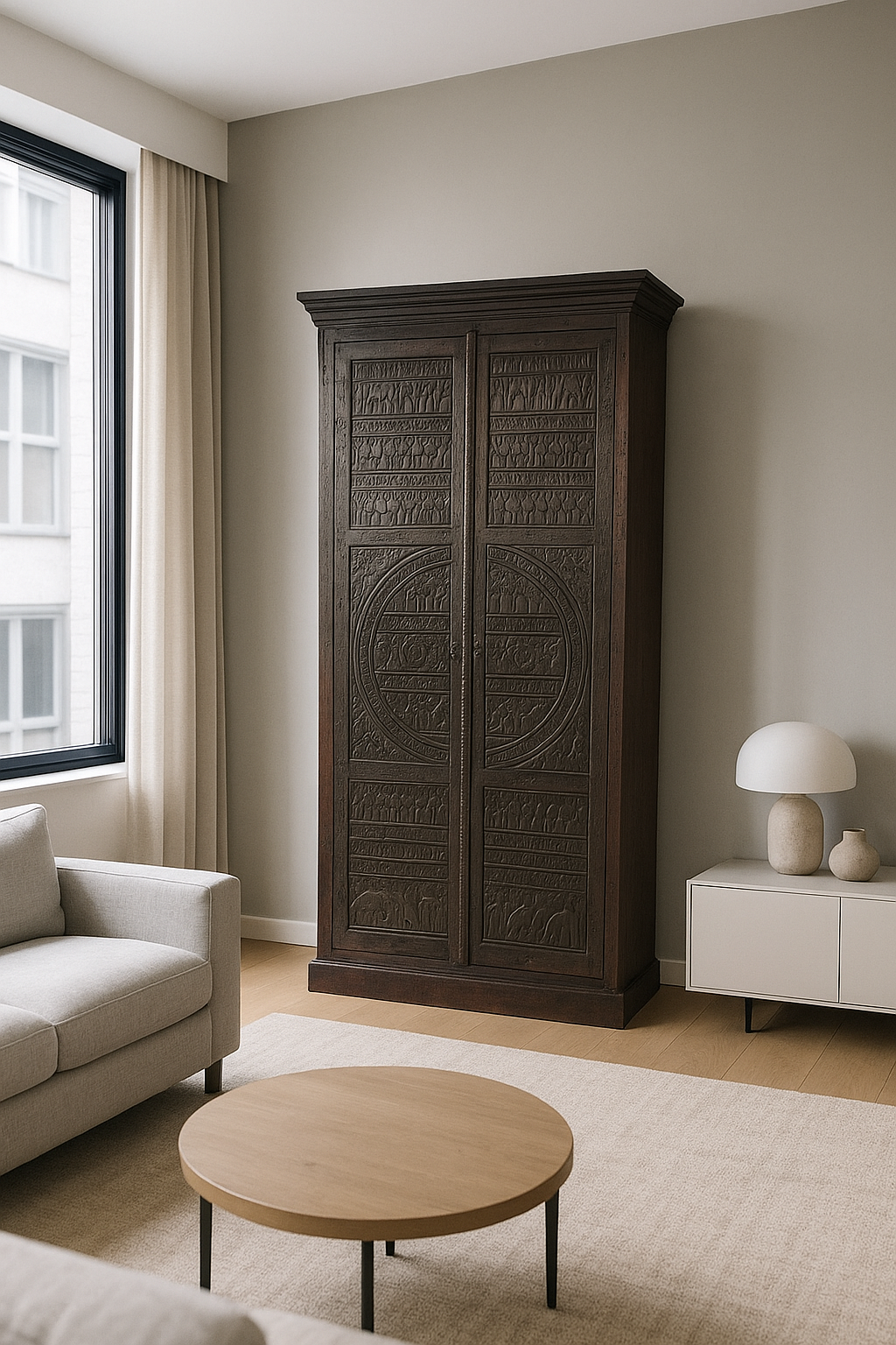 Armoire sculptée en bois d’acacia massif — Inde