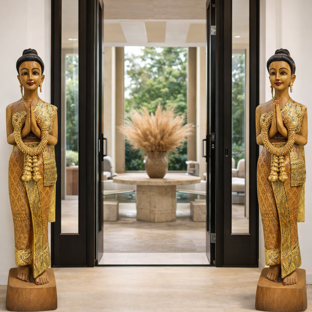 Paire monumentale de statues thaïlandaises « Nang Sawatdee » — Bois d’acacia massif sculpté, geste Wai