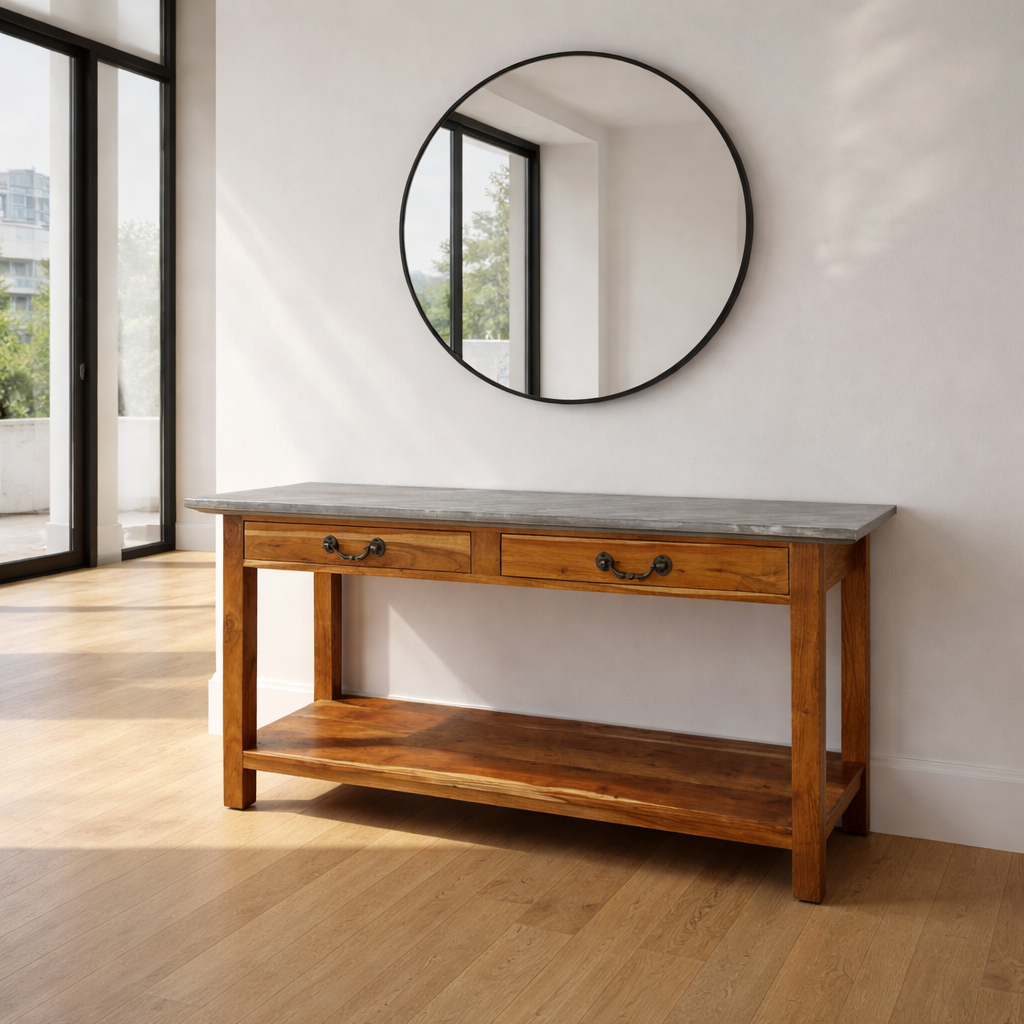 Console en bois de rose massif et tôle galvanisée recyclée