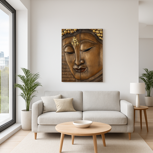 Tableau bouddha teck sculpté