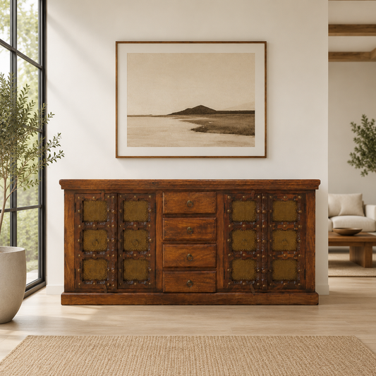 Buffet en bois d'acacia massif avec décorations en bronze
