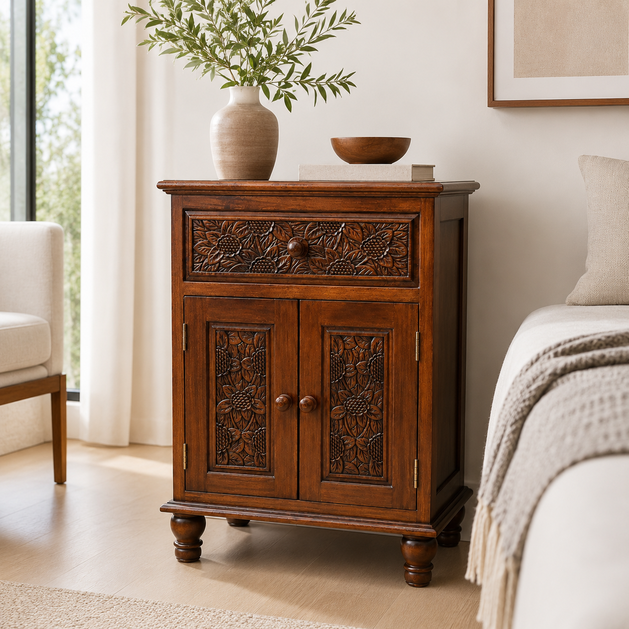 Table d'appoint en acacia sculpté