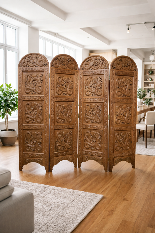 Paravent monumental dragons impériaux sculpté main — Bois massif double face vintage