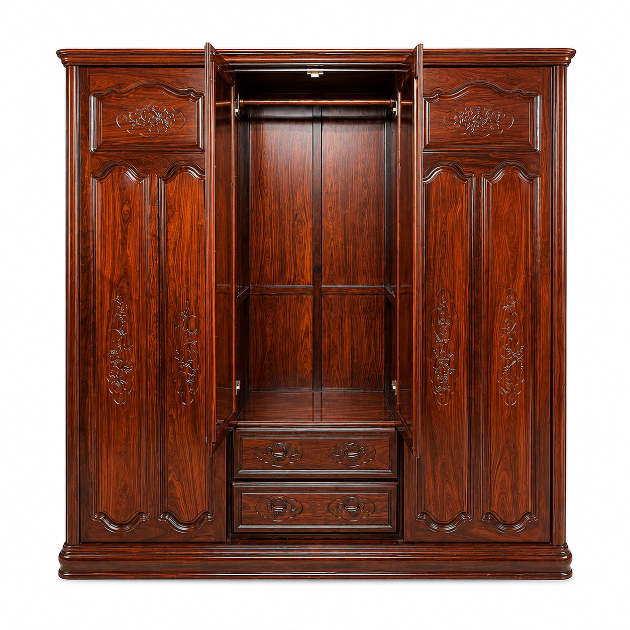 Grande armoire en bois d'acacia massif – 3 compartiments avec penderies et tiroirs