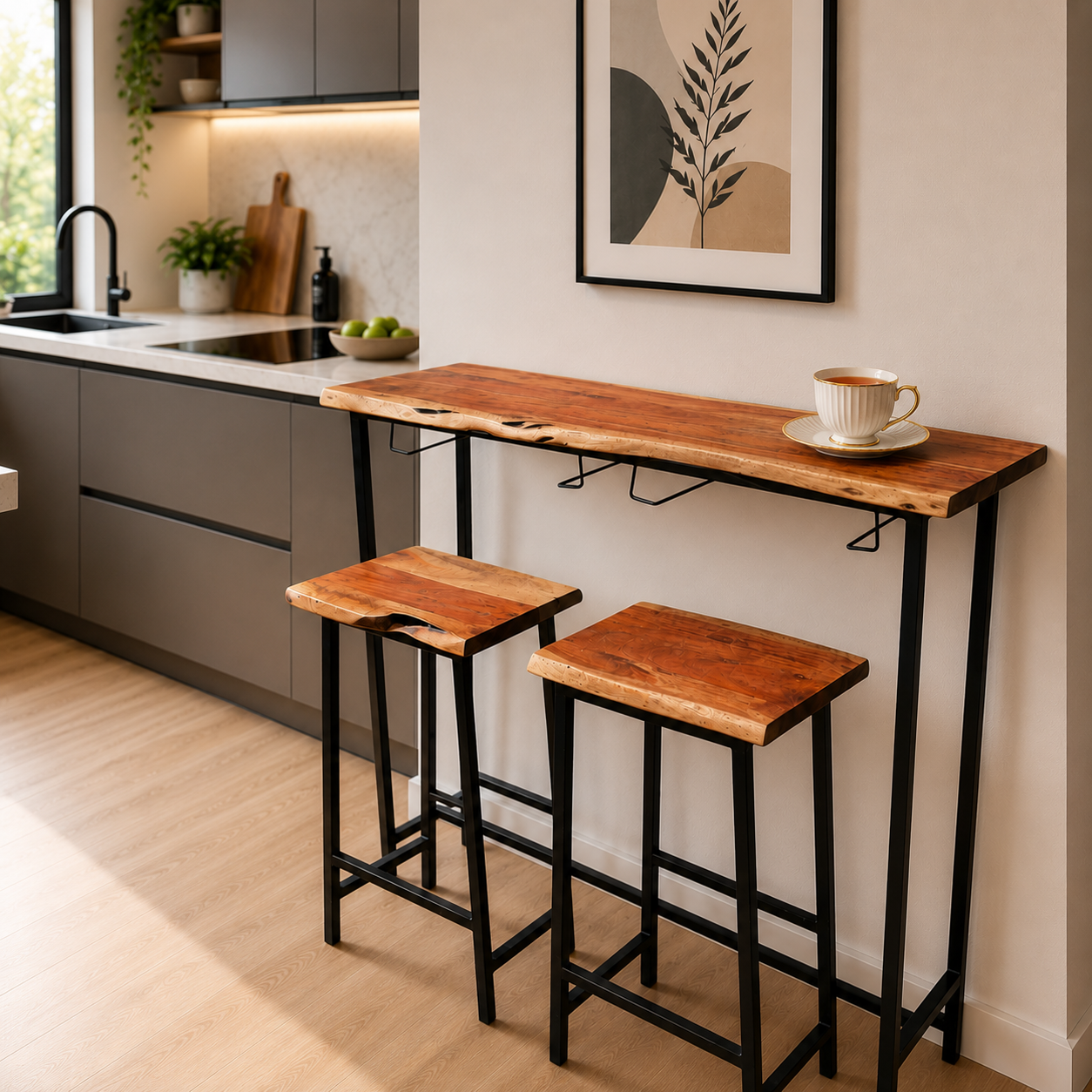 Table-bar en bois de rose massif avec 2 tabourets
