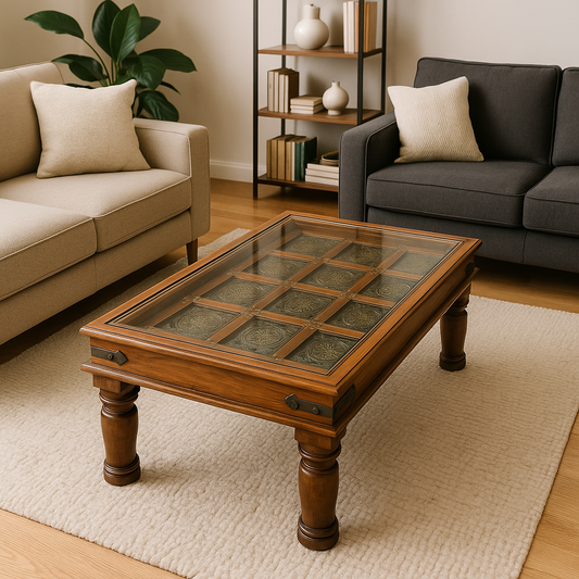 Table à café bois e rose et vitre