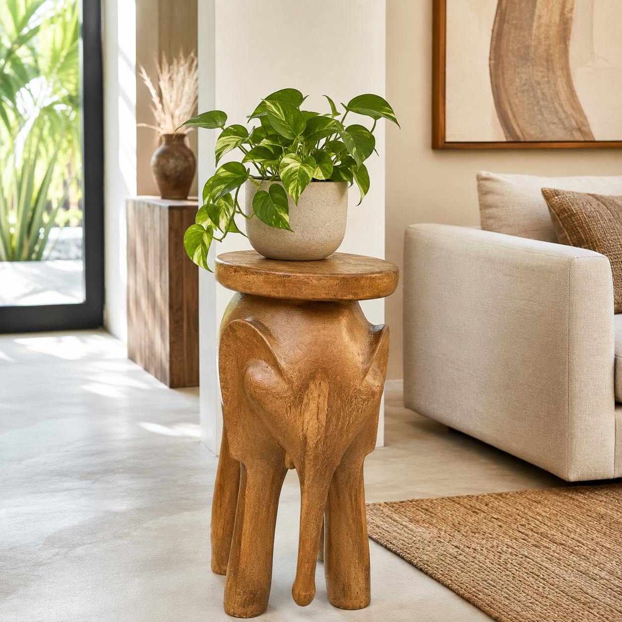 Table d’appoint éléphant sculpté en teck massif