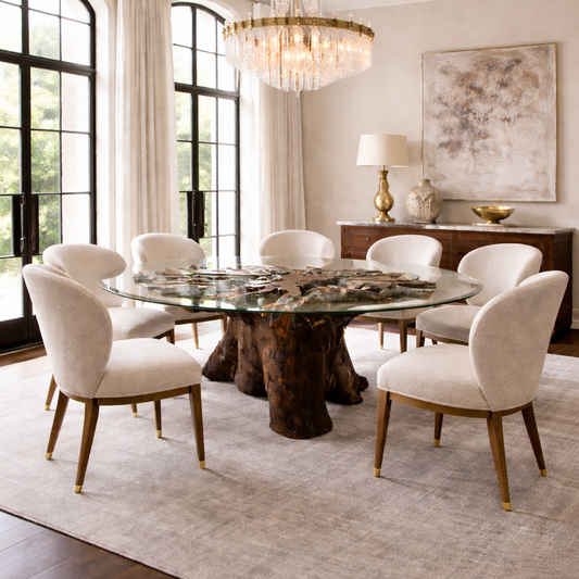 Table à manger sculpturale en souche de litchi de Thaïlande