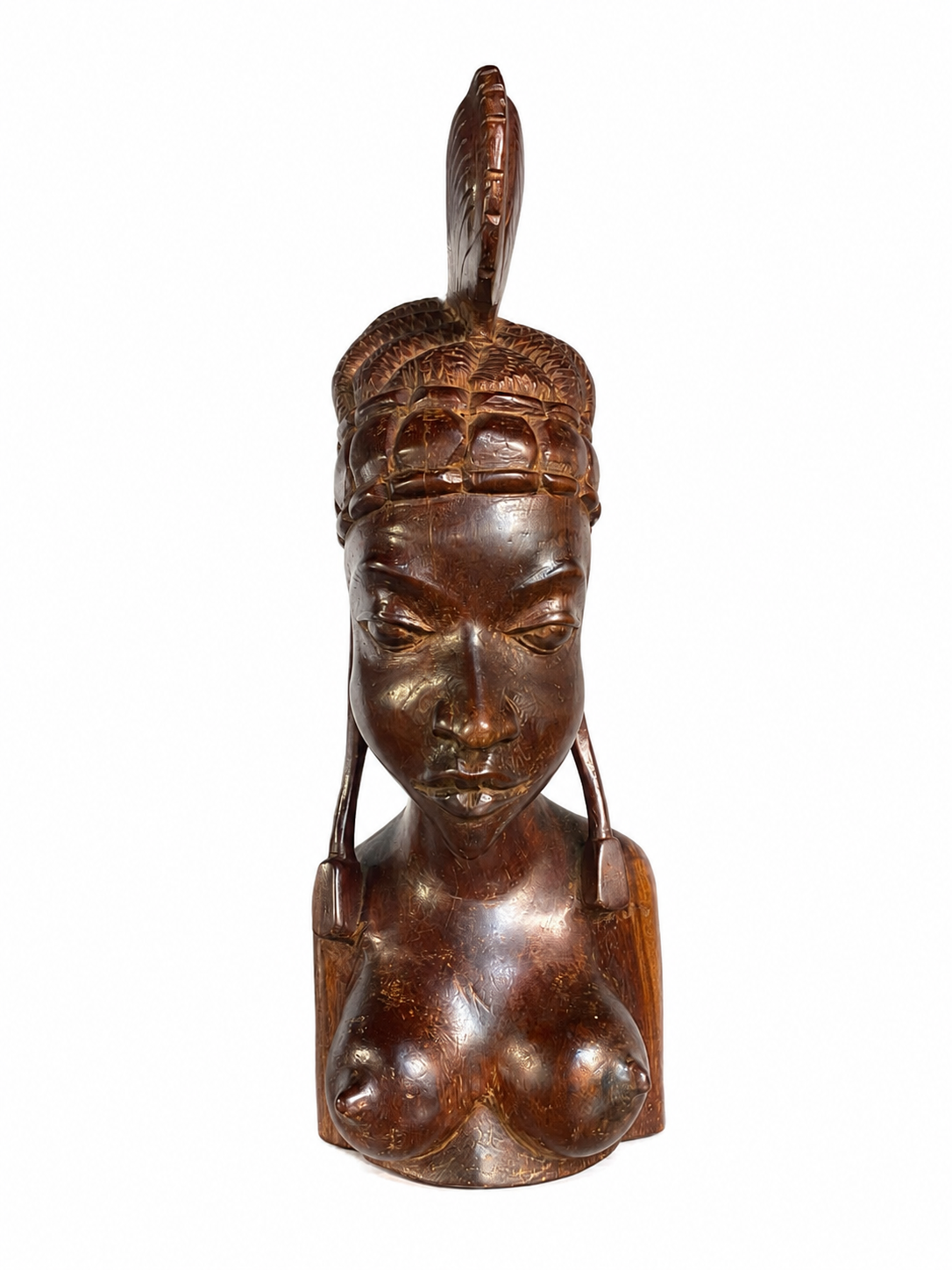 Buste féminin sculpté en acajou – 15 po