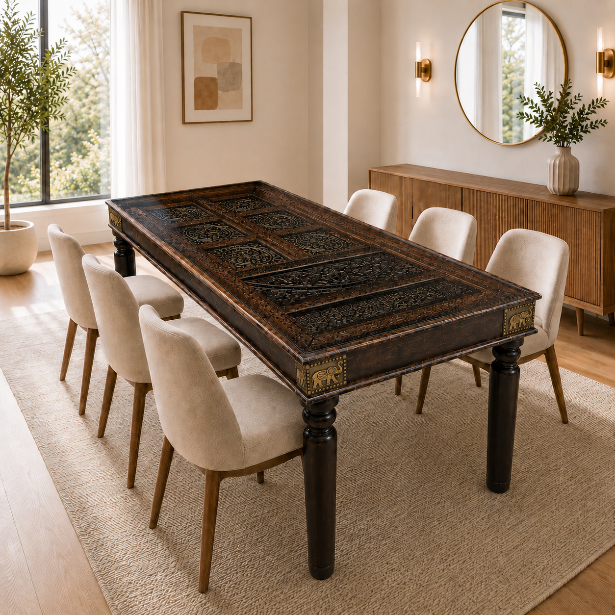 Table à manger en bois acacia avec décors en bronze