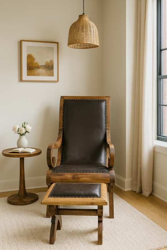 Fauteuil et repose pied bois de rose et cuir
