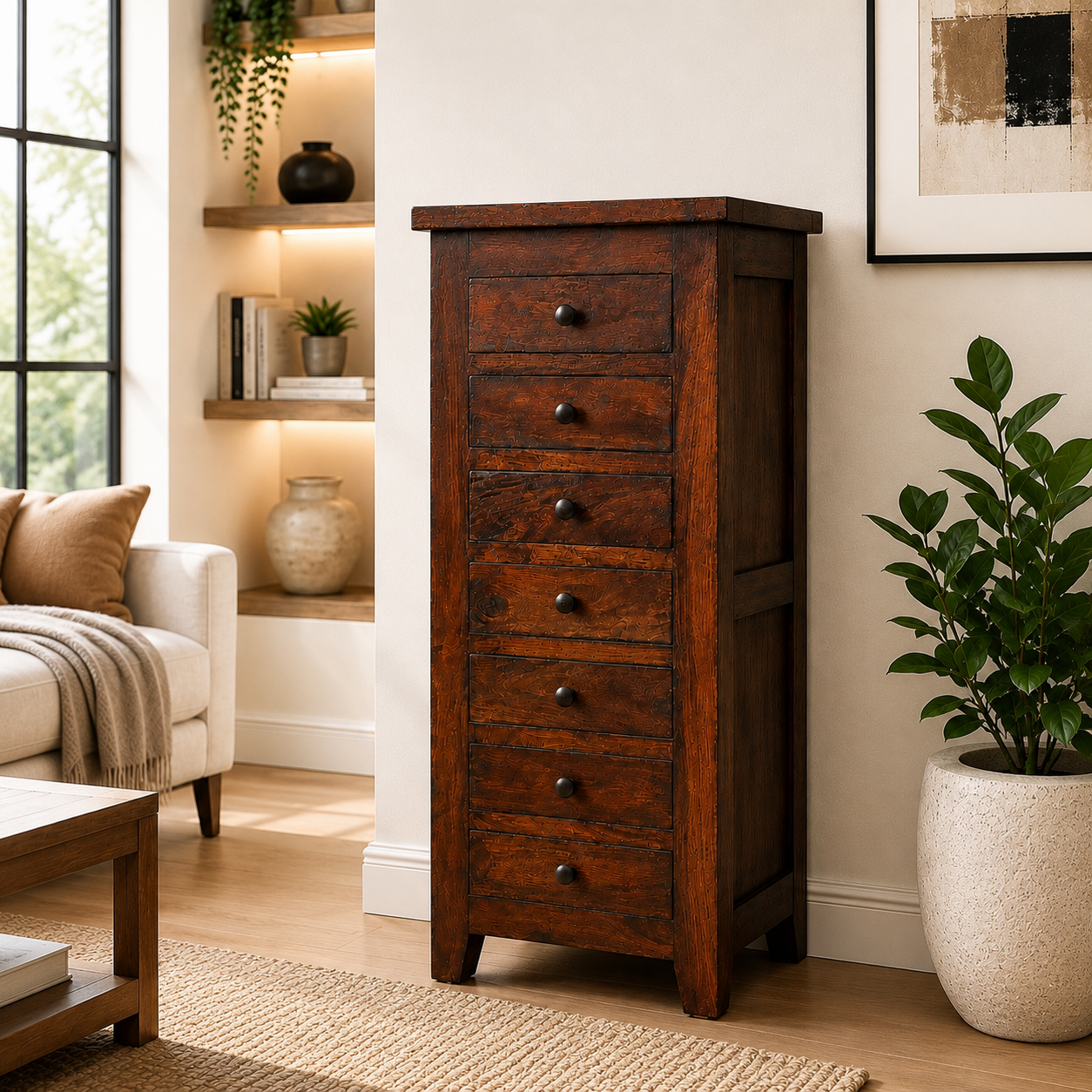 Meuble de rangement 7 tiroirs en bois d'acacia massif