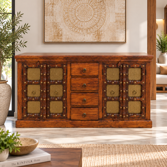 Buffet en bois d'acacia massif avec décorations en bronze