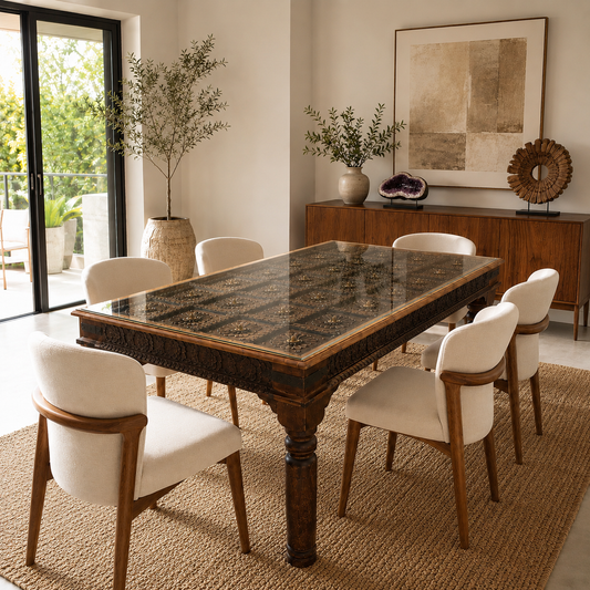 Table à dîner sculptée en acacia-Inde — 6 places