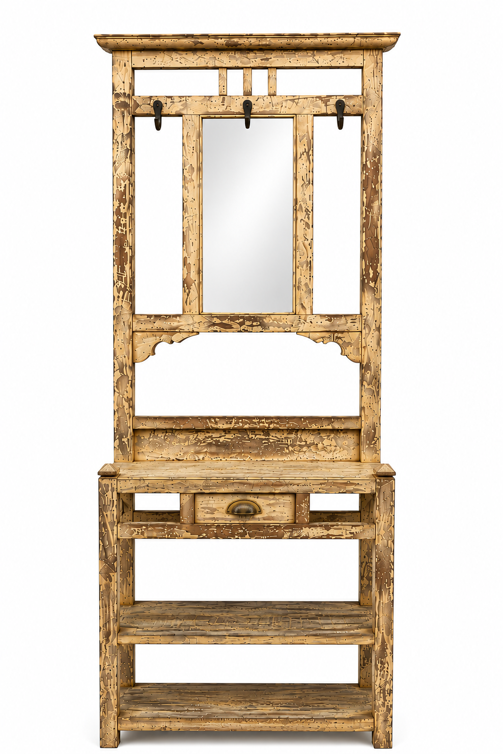 Meuble d’entrée en teck avec miroir – Fini vieilli