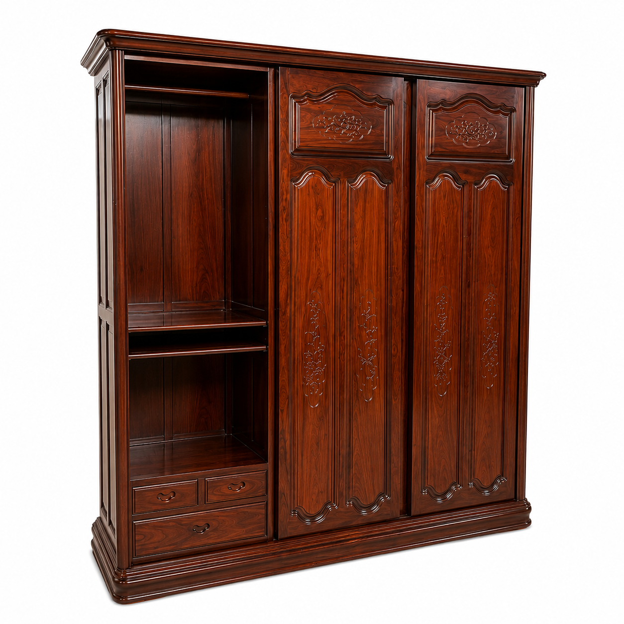 Grande armoire en bois d'acacia massif – 3 compartiments avec penderies et tiroirs