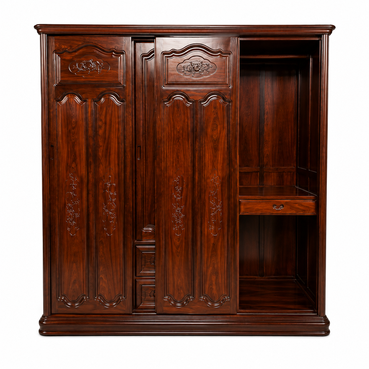 Grande armoire en bois d'acacia massif – 3 compartiments avec penderies et tiroirs