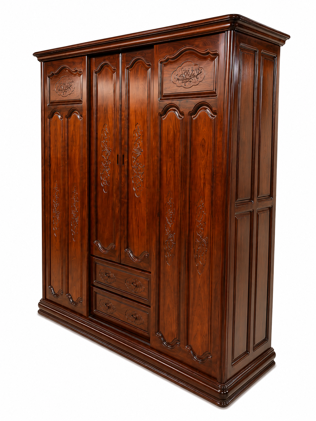 Grande armoire en bois d'acacia massif – 3 compartiments avec penderies et tiroirs