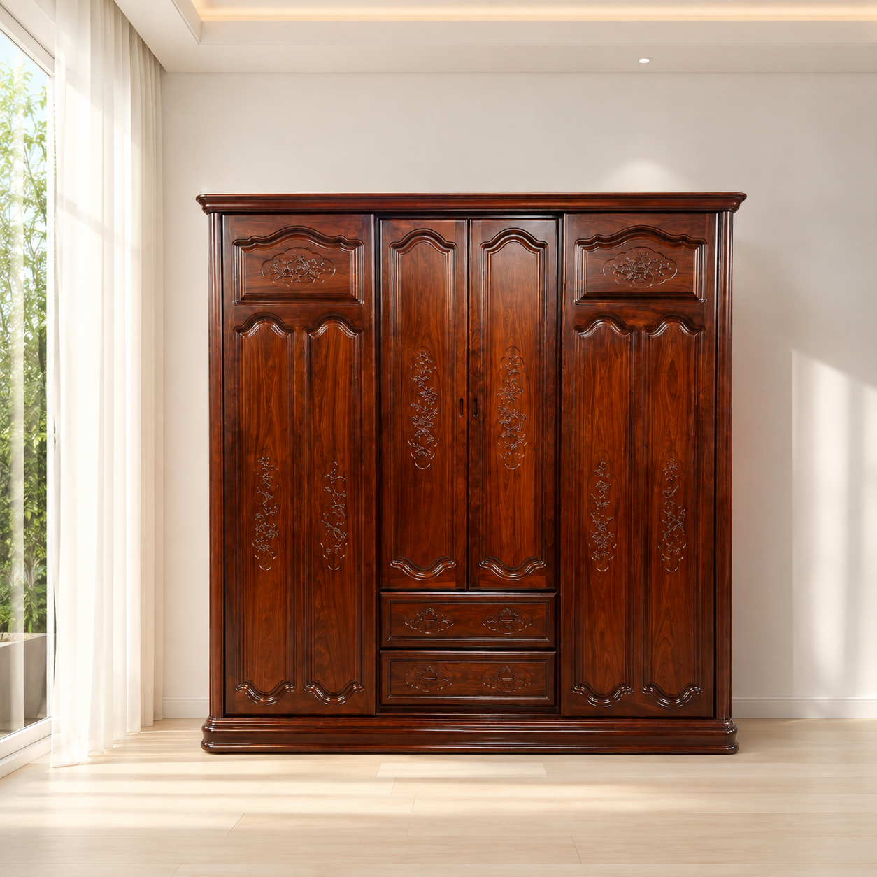 Grande armoire en bois d'acacia massif – 3 compartiments avec penderies et tiroirs
