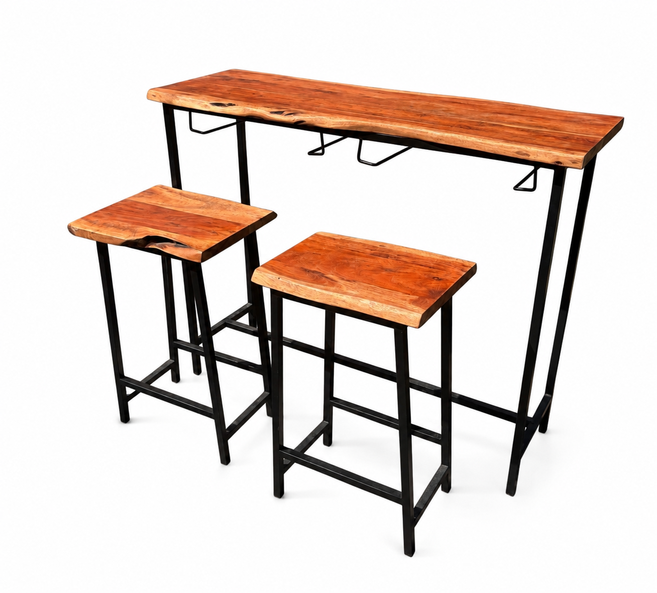 Table-bar en bois de rose massif avec 2 tabourets