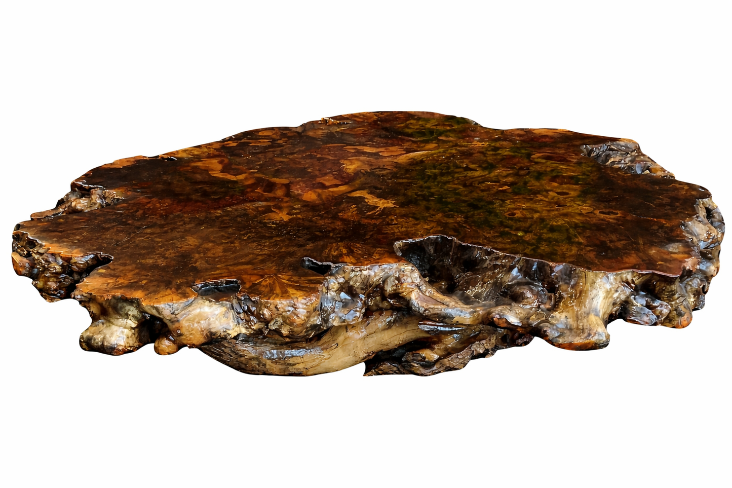 Table basse sculpturale en loupe de Buckeye avec cristaux