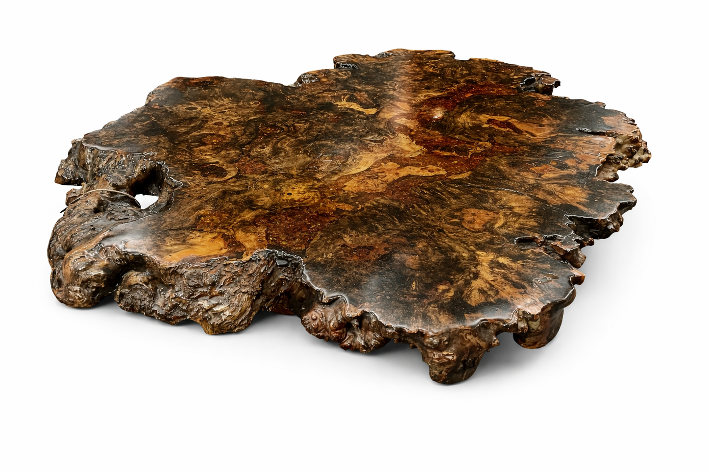 Table basse sculpturale en loupe de Buckeye avec cristaux