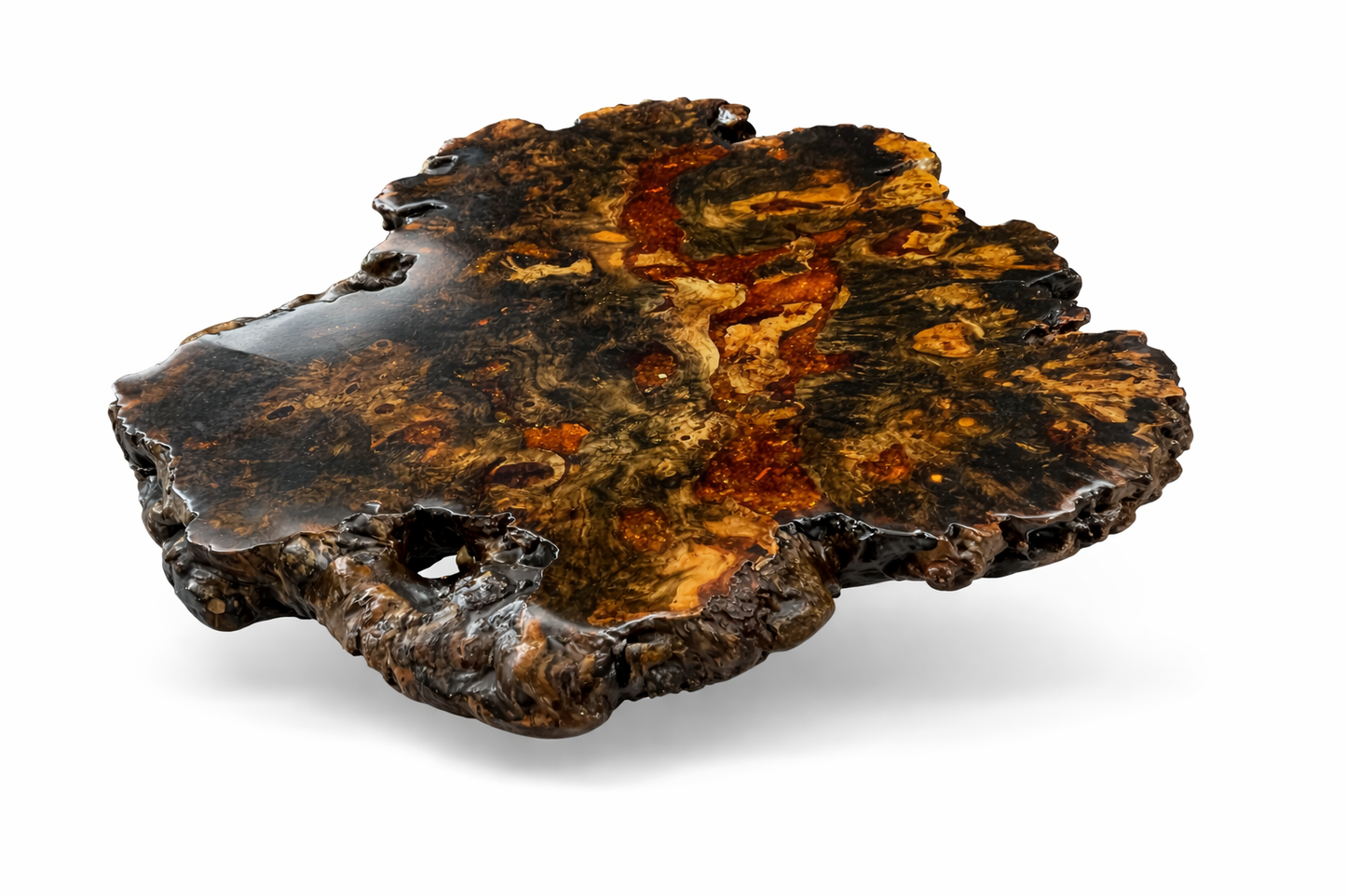 Table basse sculpturale en loupe de Buckeye avec cristaux
