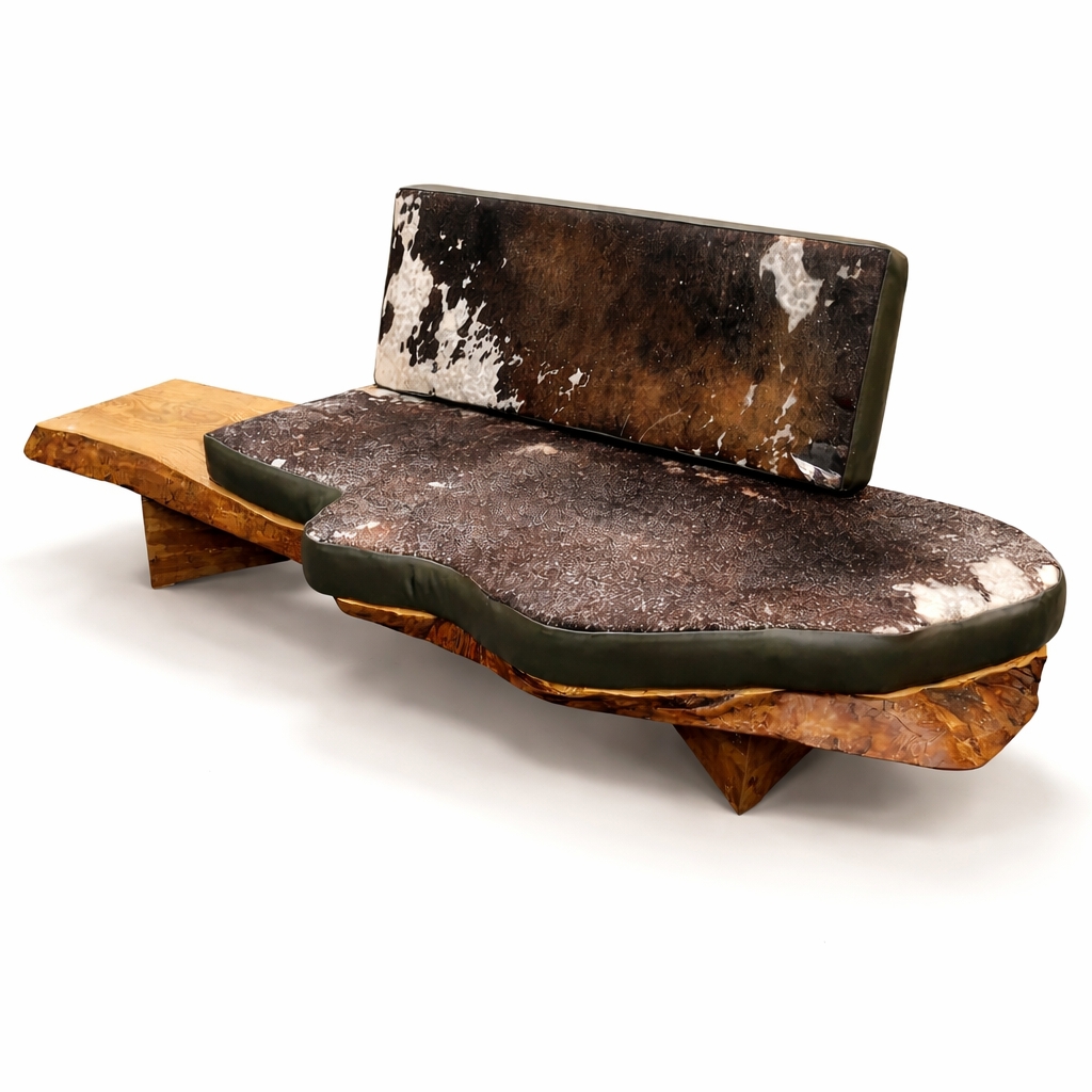 Banquette sculpturale en eucalyptus live edge, cuir et peau de vache — Pièce unique