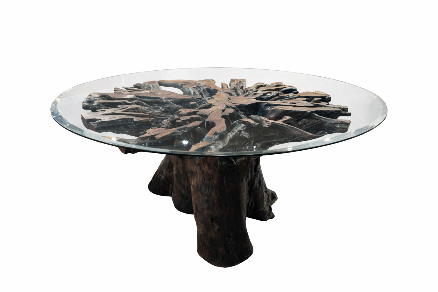 Table à manger sculpturale en souche de litchi de Thaïlande