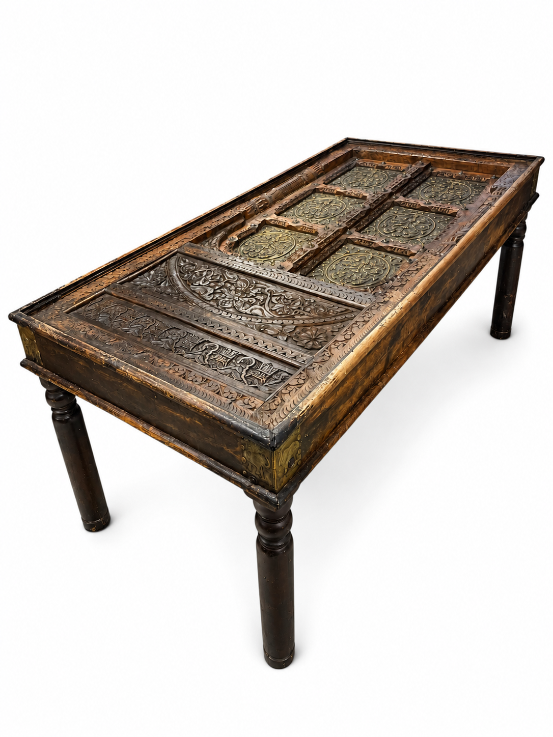 Table à manger en bois acacia avec décors en bronze