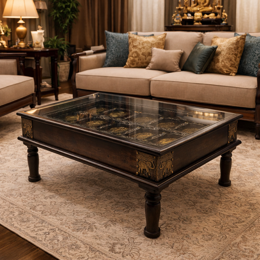 Table basse en bois d'acacia sculpté – Ancienne fenêtre avec plaques de bronze