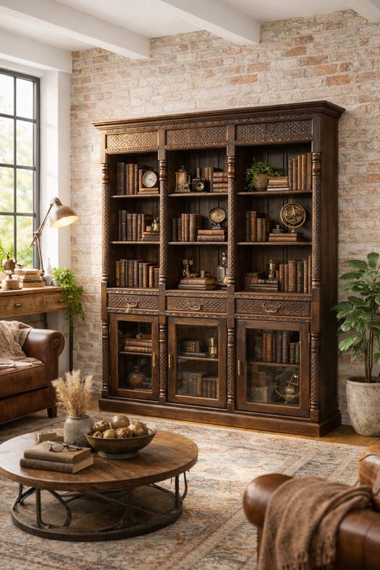 Bibliothèque en teck sculpté