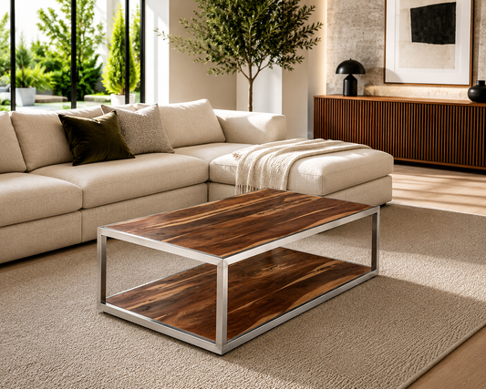 Table basse en bois de rose et métal chromé