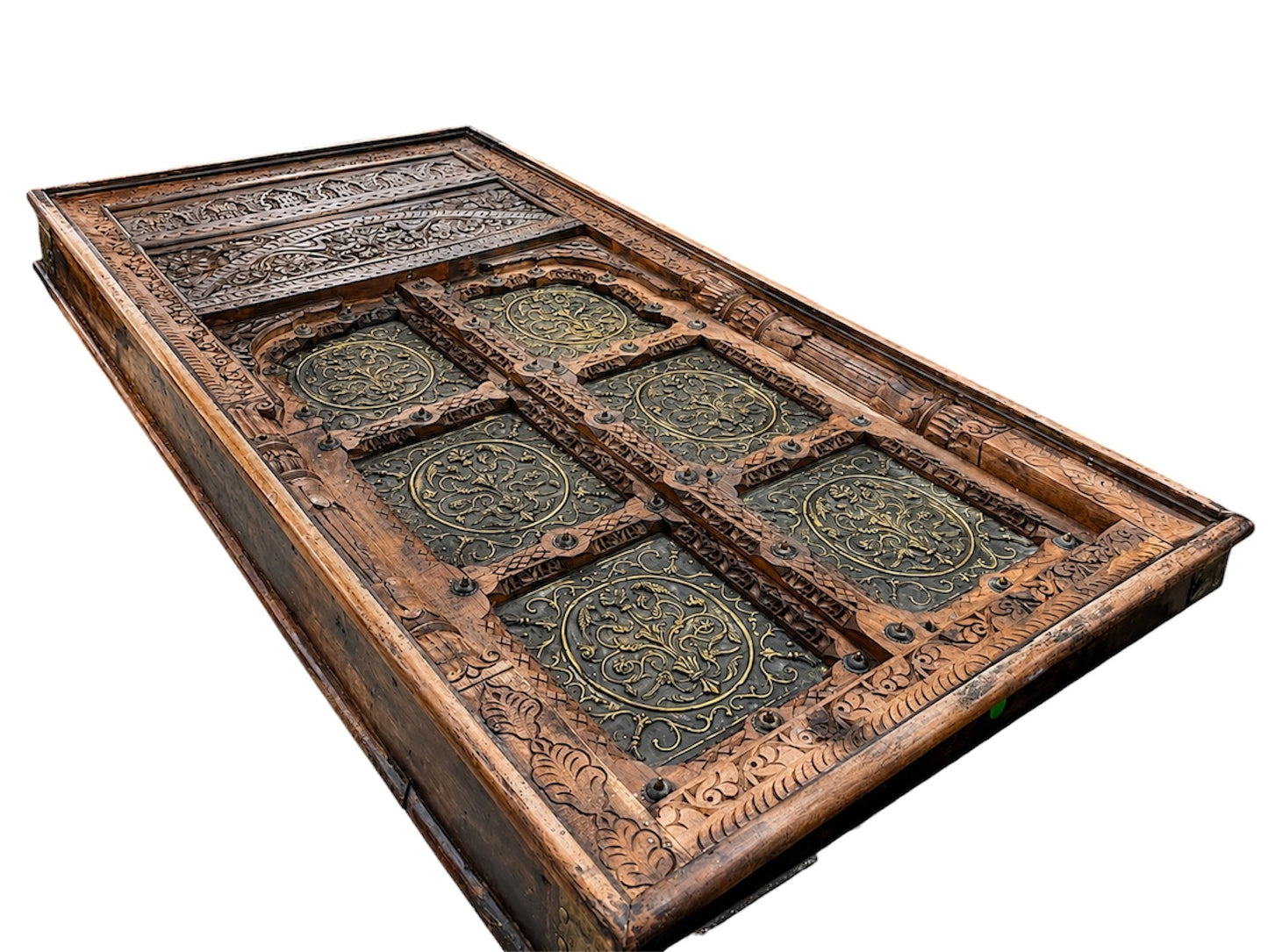 Table à manger en bois acacia avec décors en bronze