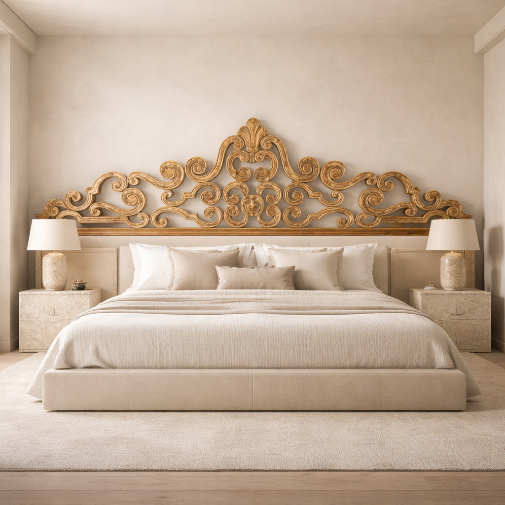 Tête de lit monumentale sculptée à la main en teck — Pièce architecturale