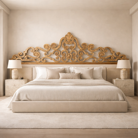 Tête de lit monumentale sculptée à la main en teck — Pièce architecturale