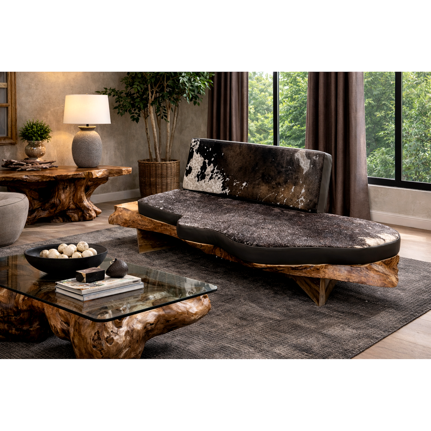 Banquette sculpturale en eucalyptus live edge, cuir et peau de vache — Pièce unique