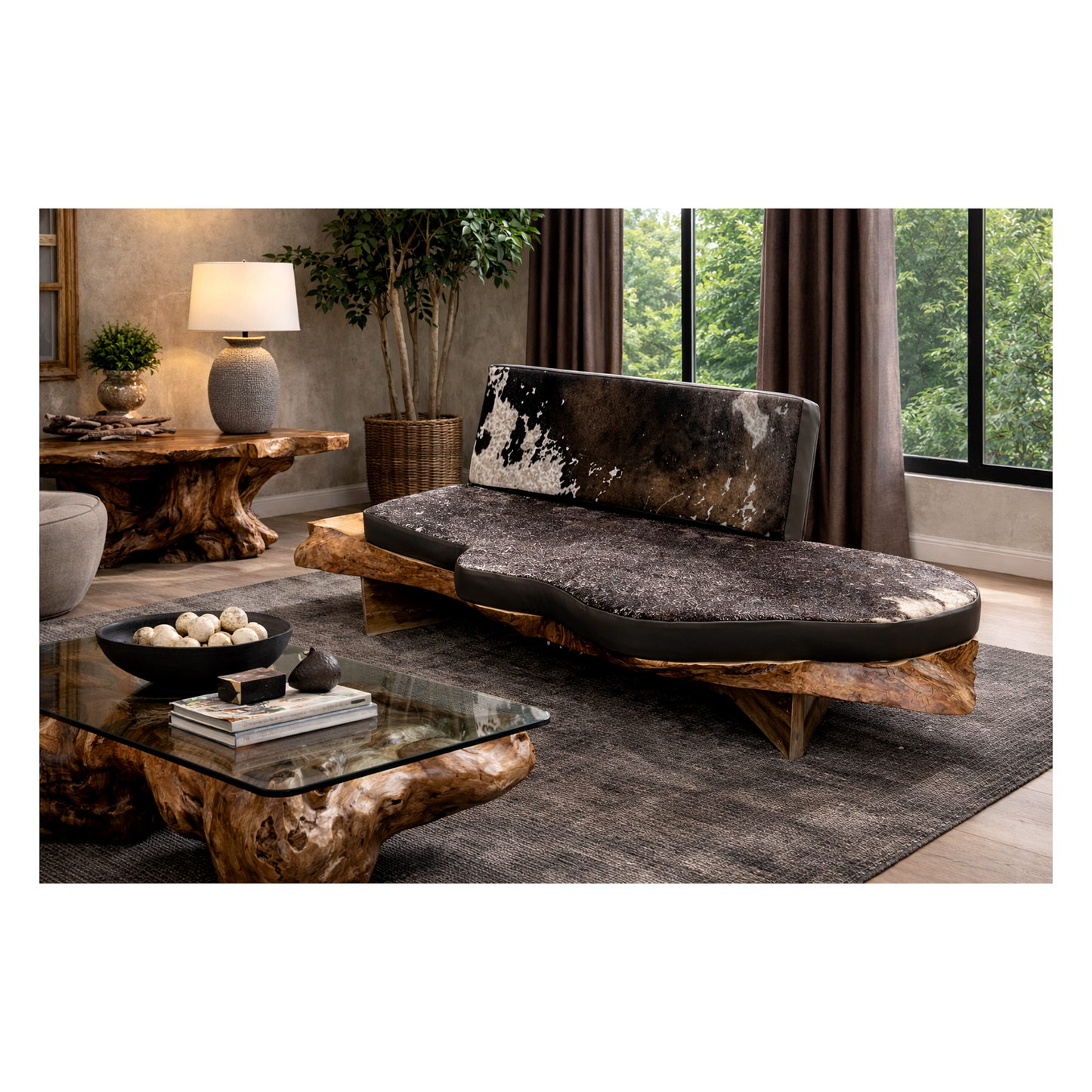 Banquette sculpturale en eucalyptus live edge, cuir et peau de vache — Pièce unique