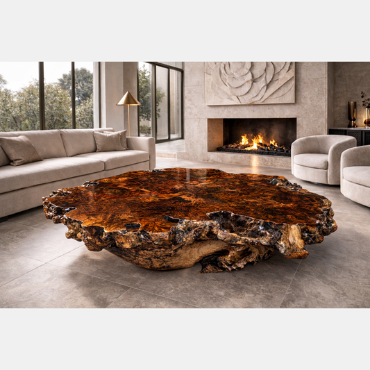 Table basse sculpturale en loupe de Buckeye avec cristaux